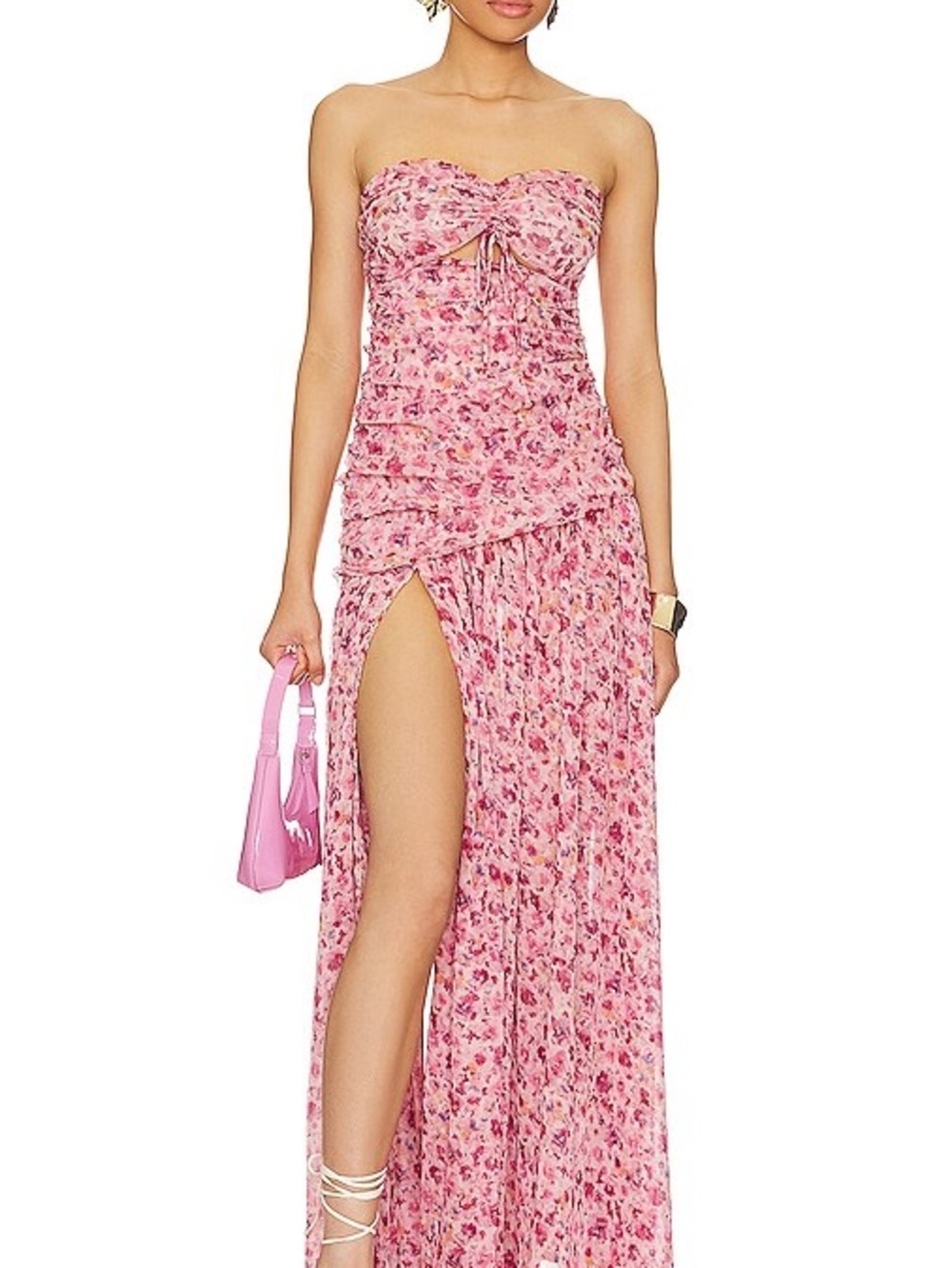 Misa Los Angeles Pink Floral Strapless Maxi Dress with High Thigh Slit